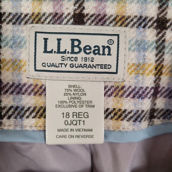 Vintage L.L. Bean wool oatmeal check plaid leather button jacket Size 18 Preppy - Picture 3 of 12